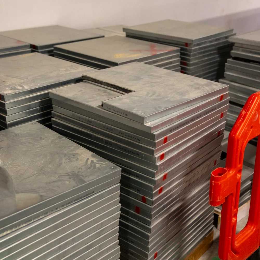 Stacked raised access floor panels stored on site ready for commercial installation