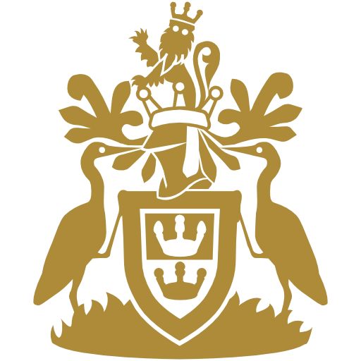 Anglia Ruskin University gold crest featuring a crowned lion, shield and two supporting birds
